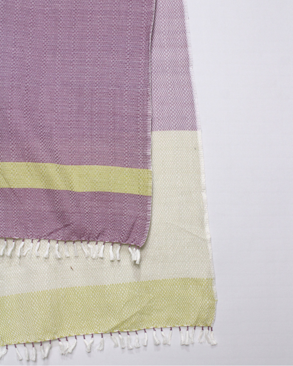 (1598) Cotton Azo-free dyed stole from Maheshwar - Purple, white, mustard, stripes, piped fringes