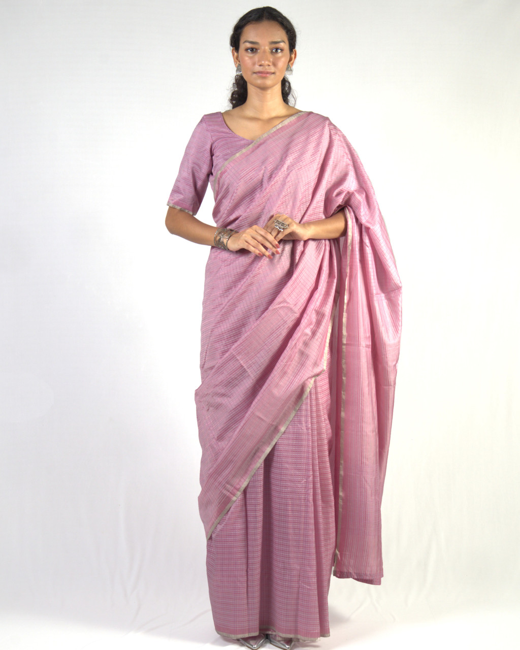 (1731) Cotton (mercerised), mulberry silk and zari Azo-free dyed Contemporary sari from Maheshwar - Pink, light pink, baby pink, stripes, checks, silver zari