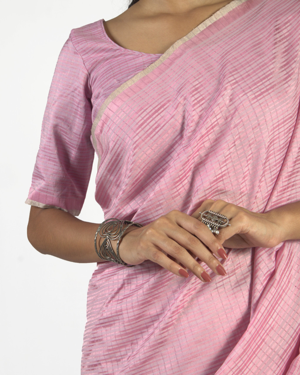(1731) Cotton (mercerised), mulberry silk and zari Azo-free dyed Contemporary sari from Maheshwar - Pink, light pink, baby pink, stripes, checks, silver zari