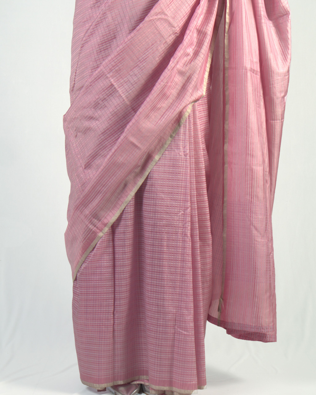 (1731) Cotton (mercerised), mulberry silk and zari Azo-free dyed Contemporary sari from Maheshwar - Pink, light pink, baby pink, stripes, checks, silver zari