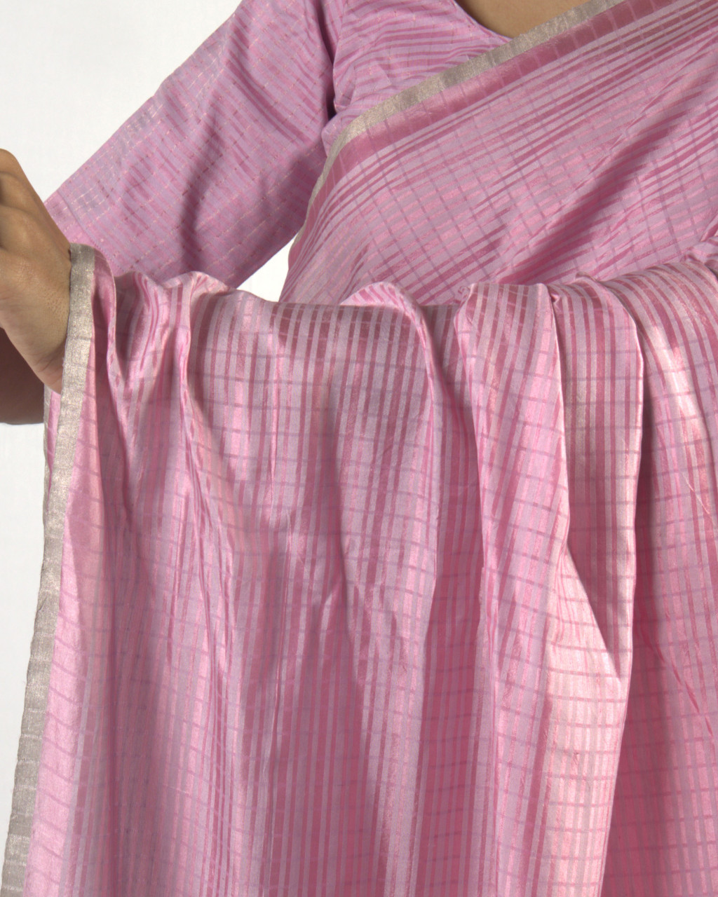 (1731) Cotton (mercerised), mulberry silk and zari Azo-free dyed Contemporary sari from Maheshwar - Pink, light pink, baby pink, stripes, checks, silver zari