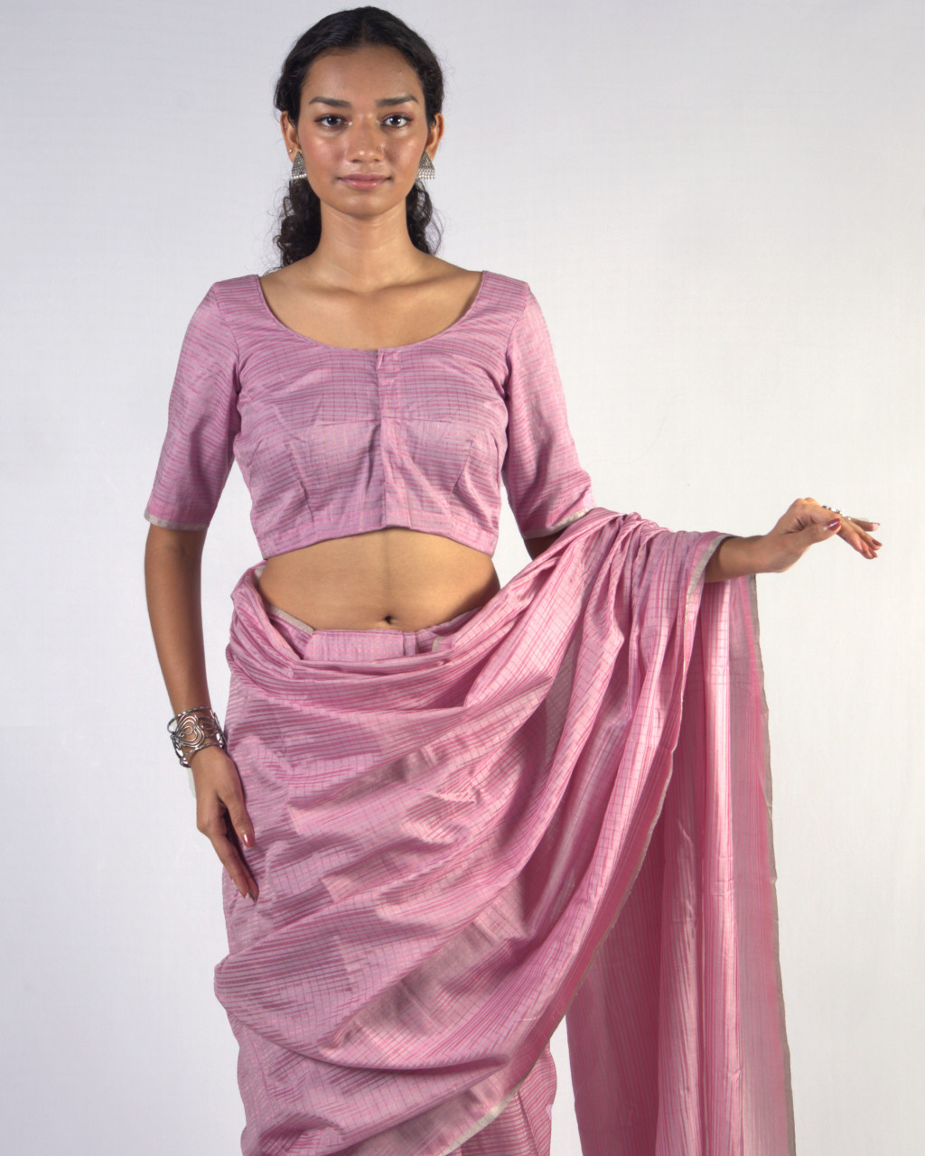 (1731) Cotton (mercerised), mulberry silk and zari Azo-free dyed Contemporary sari from Maheshwar - Pink, light pink, baby pink, stripes, checks, silver zari