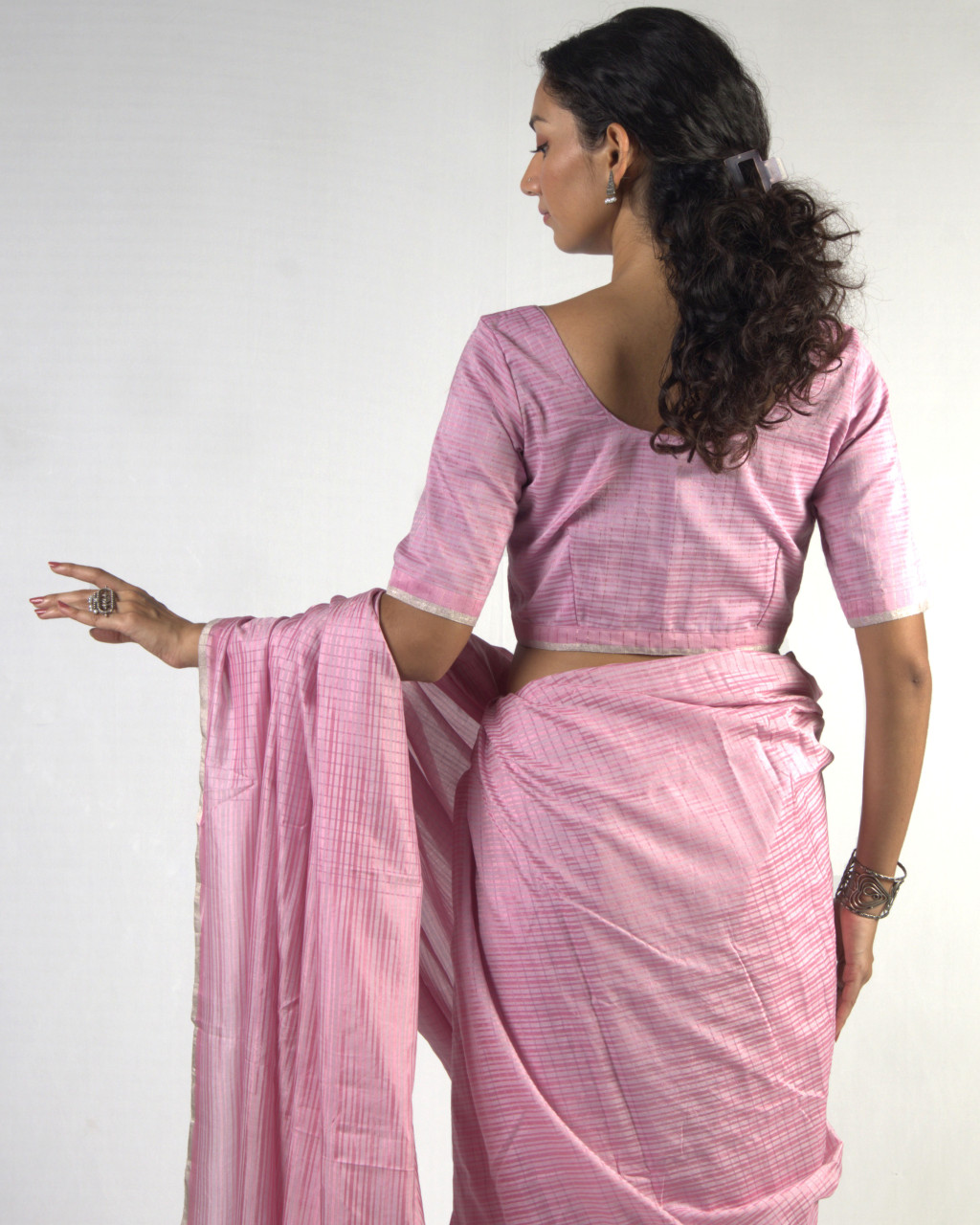 (1731) Cotton (mercerised), mulberry silk and zari Azo-free dyed Contemporary sari from Maheshwar - Pink, light pink, baby pink, stripes, checks, silver zari