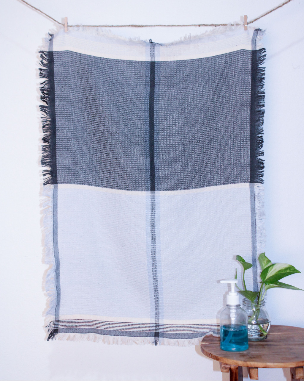 (1753) Cotton Azo-free dyed hand-towel from Maheshwar - Black, sky blue, textured, stripes