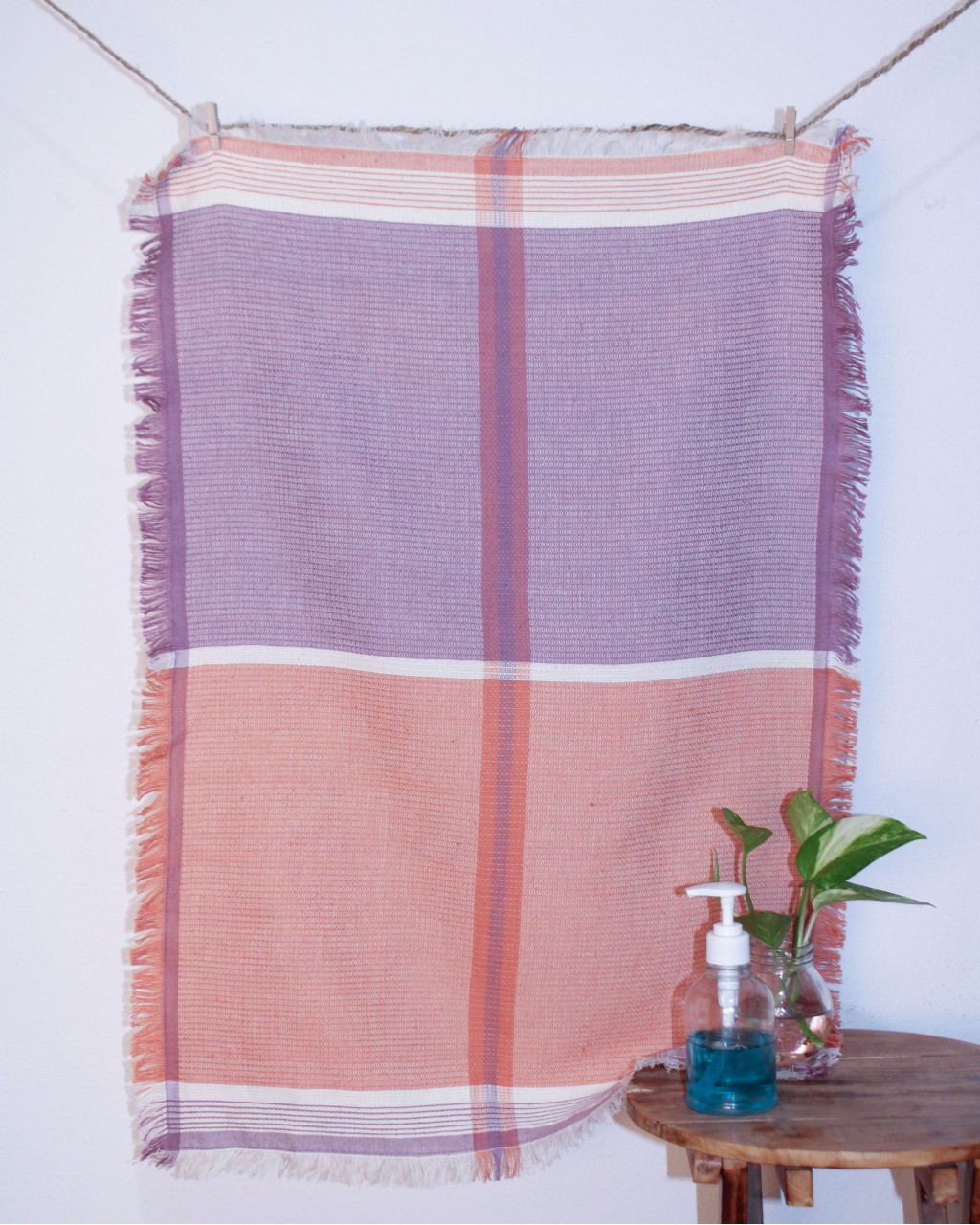 (1766) Cotton Azo-free dyed hand-towel from Maheshwar - Orange, purple, white, stripes, textured