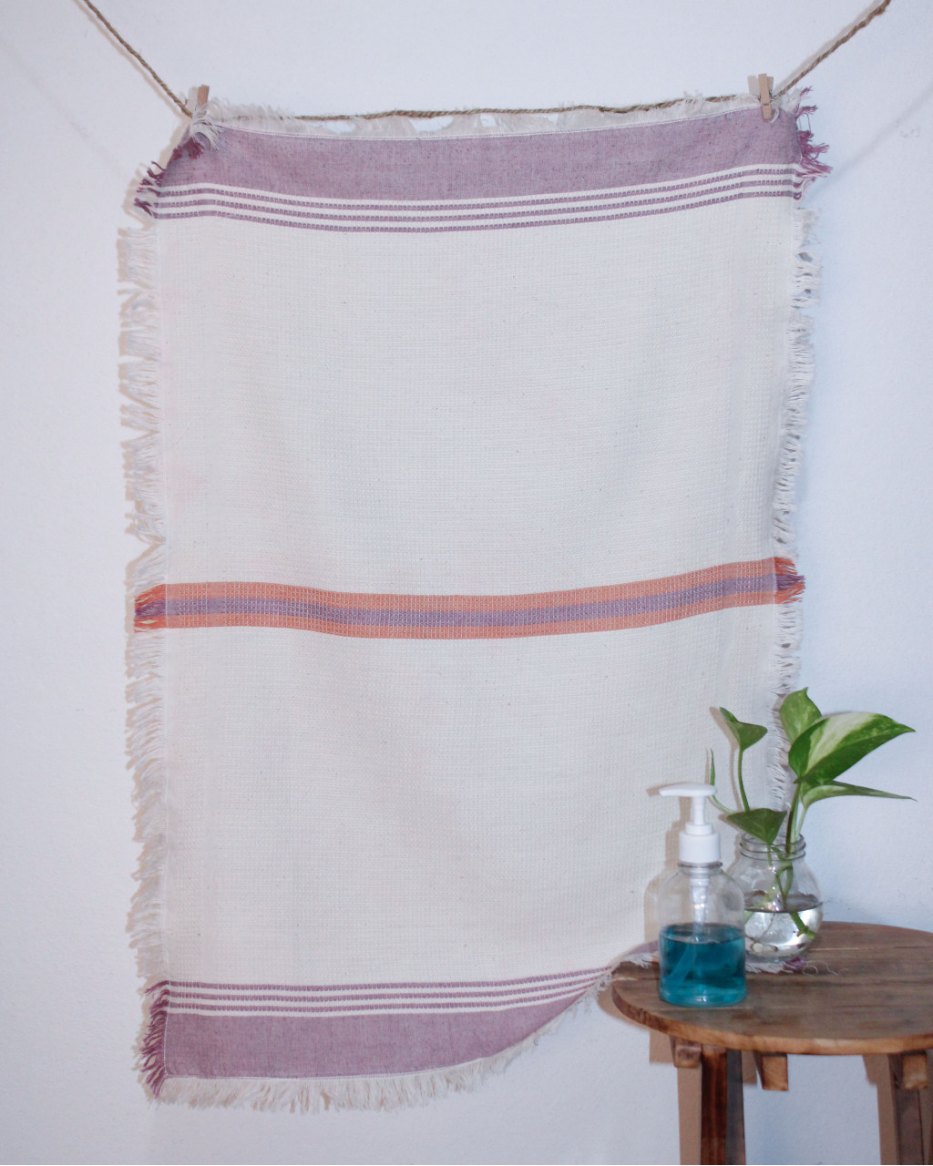 (1767) Cotton Azo-free dyed hand-towel from Maheshwar - White, purple, orange, stripes