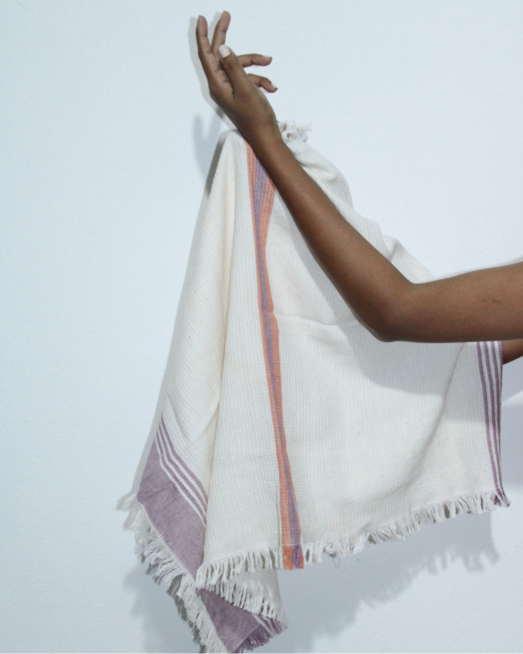 (1767) Cotton Azo-free dyed hand-towel from Maheshwar - White, purple, orange, stripes