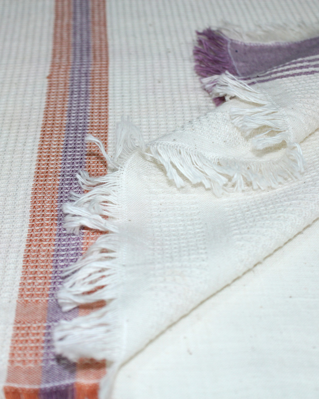 (1767) Cotton Azo-free dyed hand-towel from Maheshwar - White, purple, orange, stripes