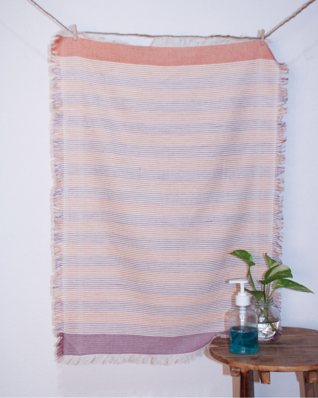 (1769) Cotton Azo-free dyed hand-towel from Maheshwar - Orange, purple, white, stripes, textured