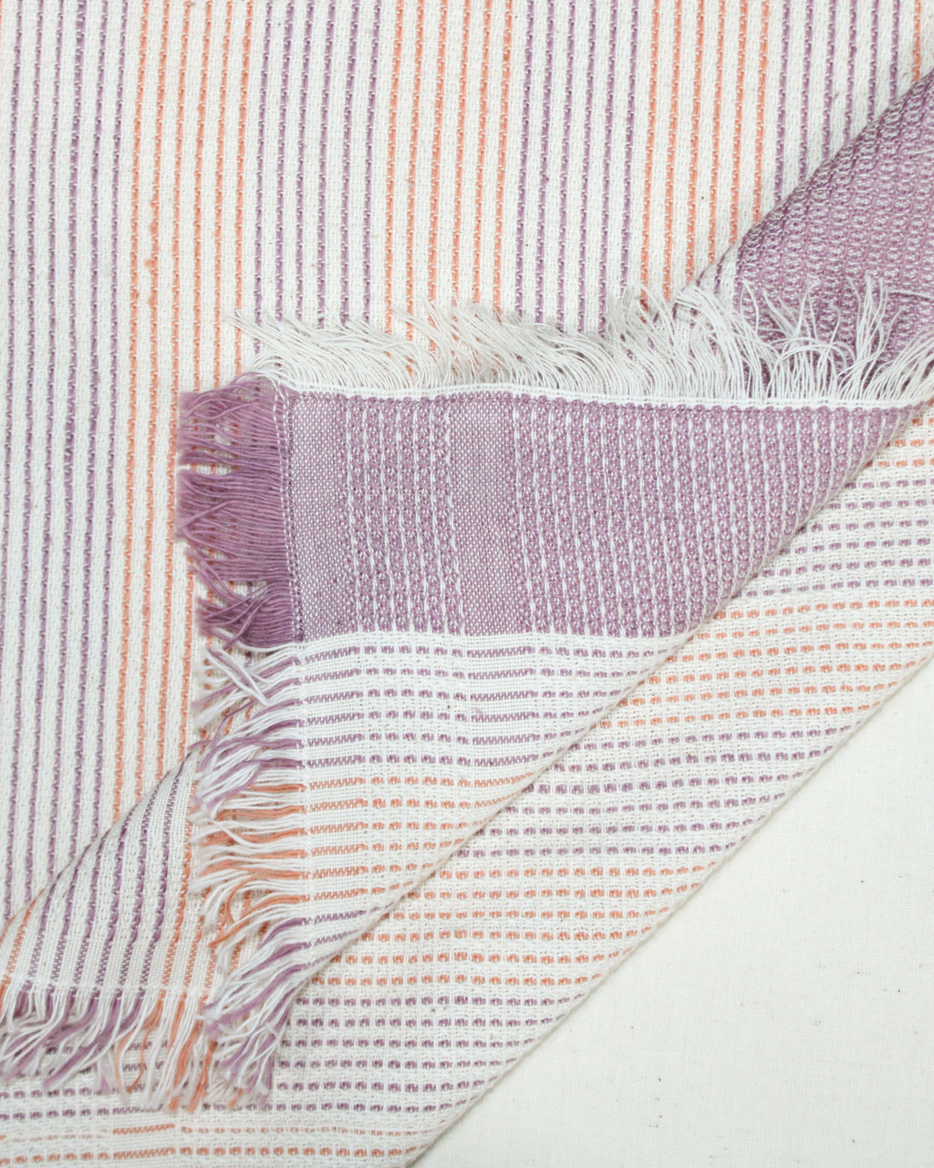 (1769) Cotton Azo-free dyed hand-towel from Maheshwar - Orange, purple, white, stripes, textured