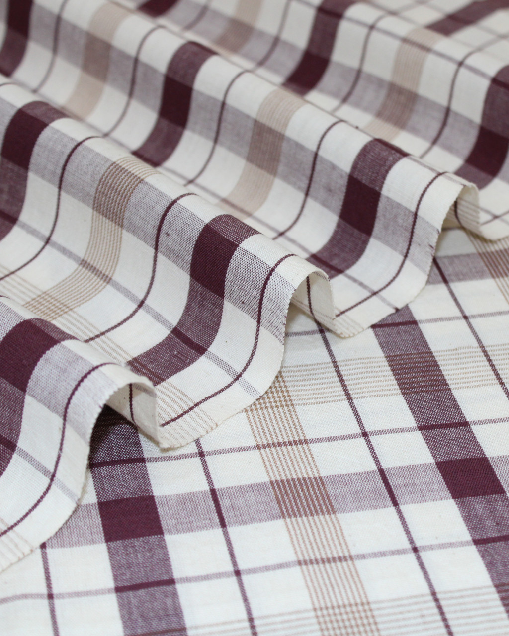 (1949) Cotton Azo-free dyed yardage from Maheshwar - White, dark brown, checks, stripes