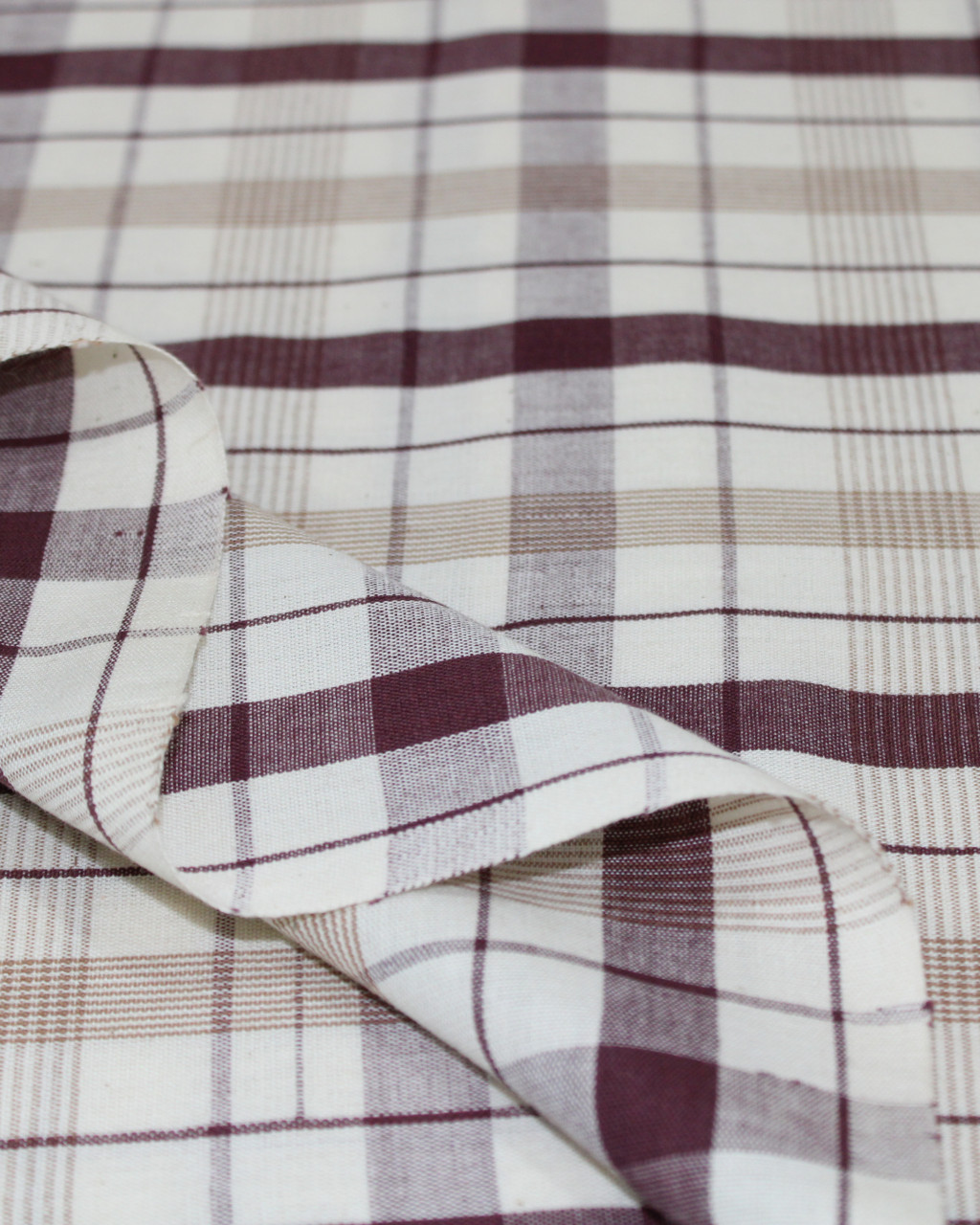(1949) Cotton Azo-free dyed yardage from Maheshwar - White, dark brown, checks, stripes