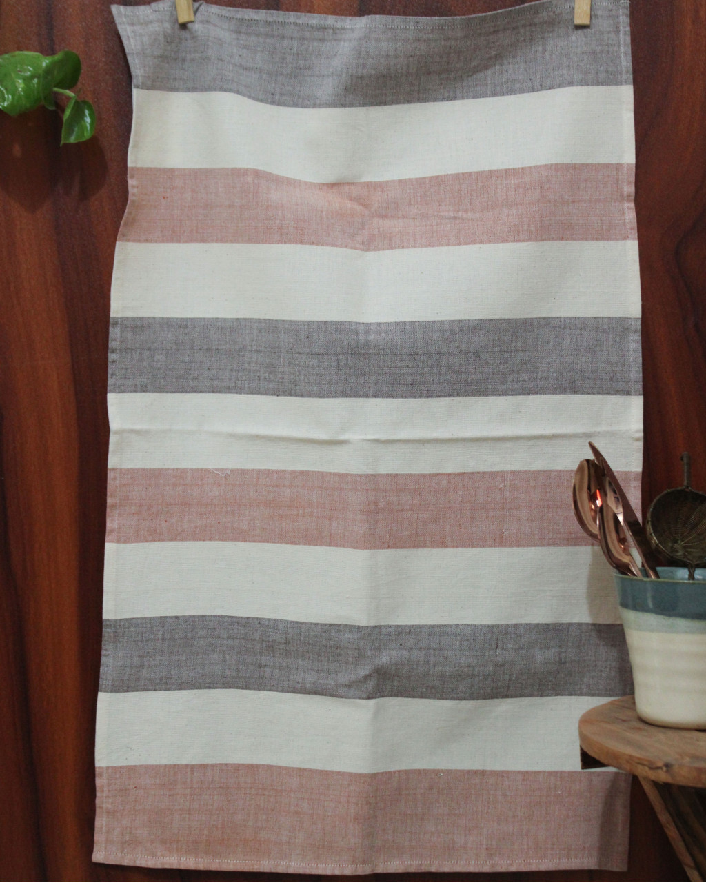 (1983) Cotton Azo-free dyed kitchen towel from Maheshwar - Light orange, brown, white, stripes