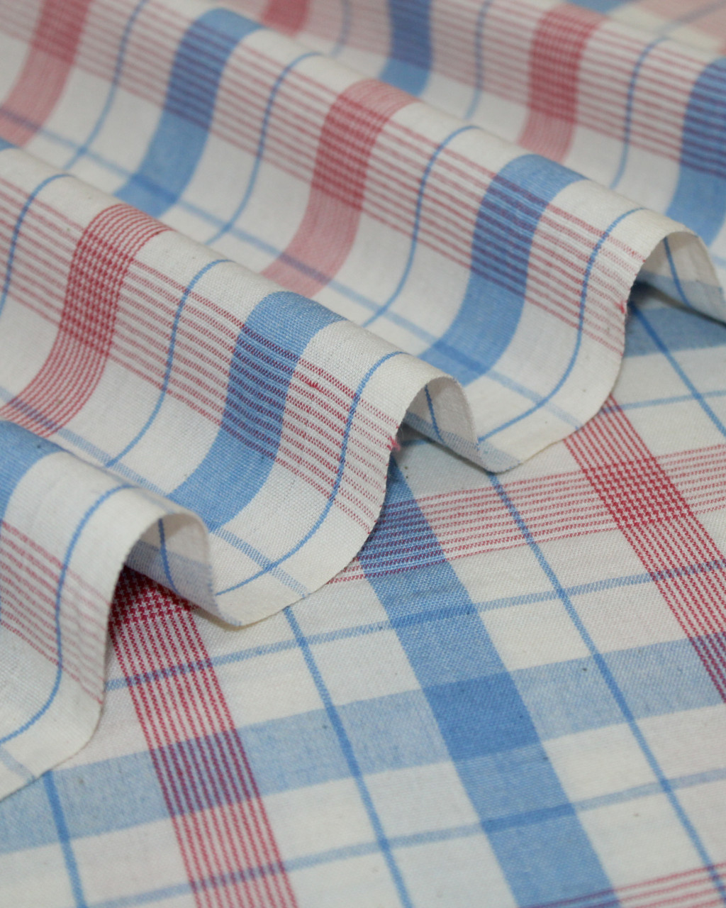 (1985) Cotton Azo-free dyed yardage from Maheshwar - White, sky blue, pink, stripes, checks