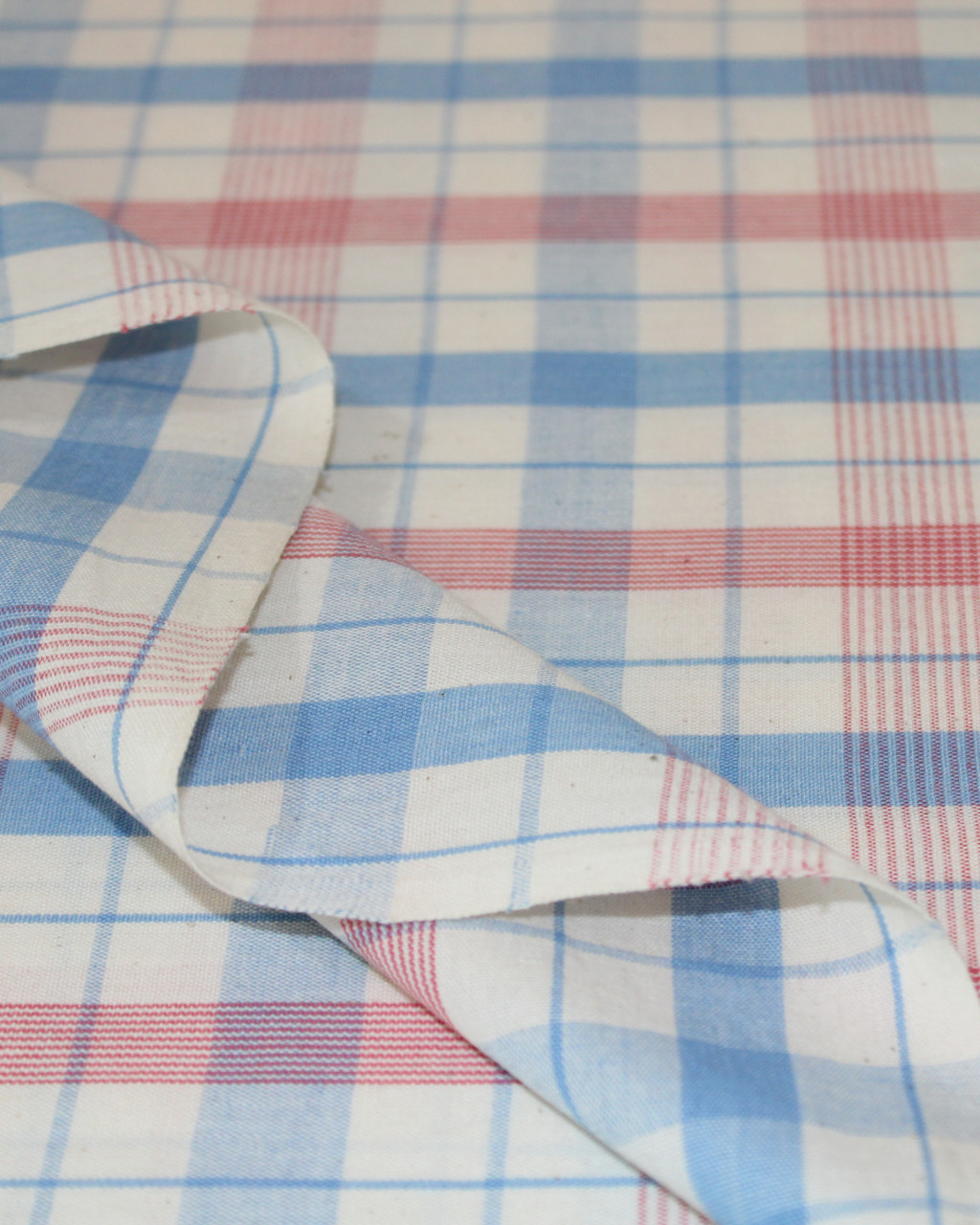 (1985) Cotton Azo-free dyed yardage from Maheshwar - White, sky blue, pink, stripes, checks