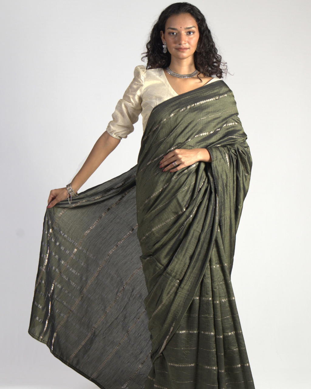 (2079) Cotton (mercerised), mulberry silk and zari Azo-free dyed Contemporary sari from Maheshwar with zari dobby work - Olive green, silver zari, embroidery, moss green, moss, green, textured