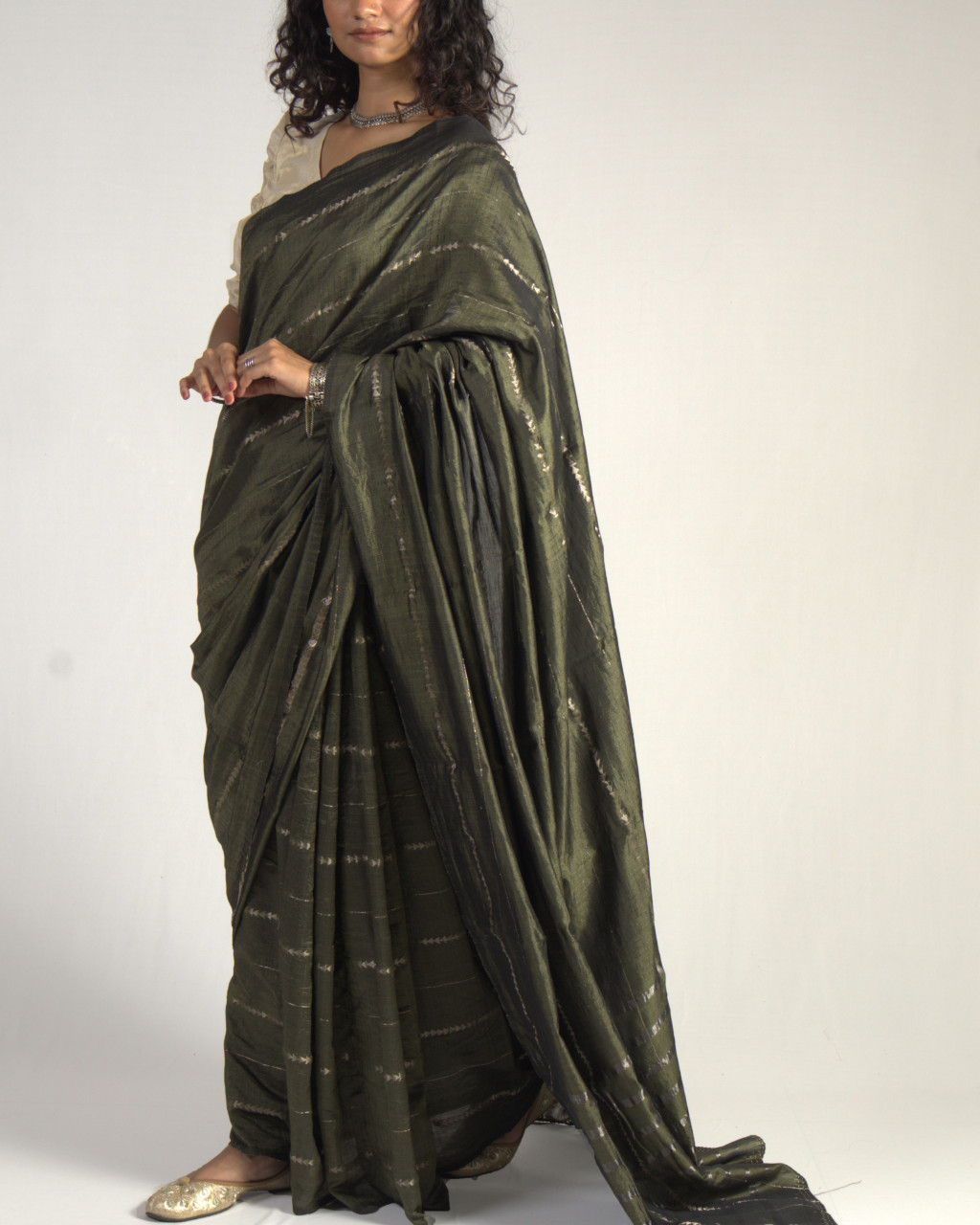 (2079) Cotton (mercerised), mulberry silk and zari Azo-free dyed Contemporary sari from Maheshwar with zari dobby work - Olive green, silver zari, embroidery, moss green, moss, green, textured