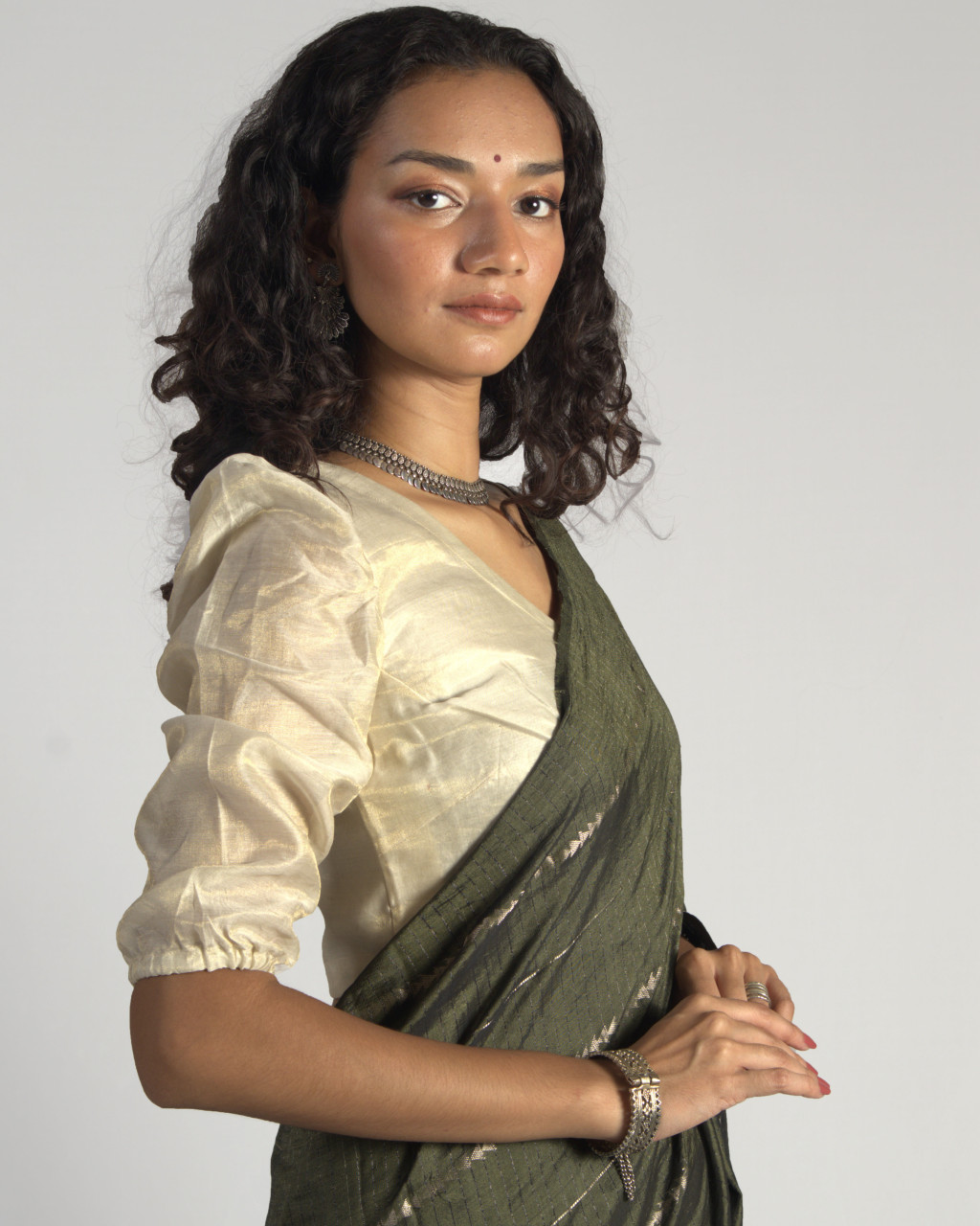 (2079) Cotton (mercerised), mulberry silk and zari Azo-free dyed Contemporary sari from Maheshwar with zari dobby work - Olive green, silver zari, embroidery, moss green, moss, green, textured