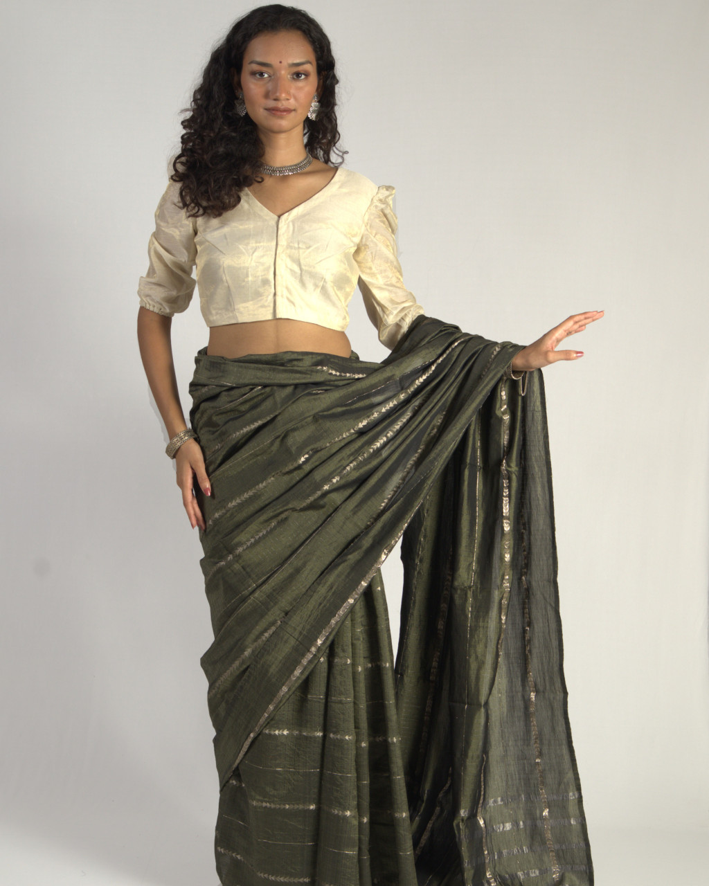 (2079) Cotton (mercerised), mulberry silk and zari Azo-free dyed Contemporary sari from Maheshwar with zari dobby work - Olive green, silver zari, embroidery, moss green, moss, green, textured
