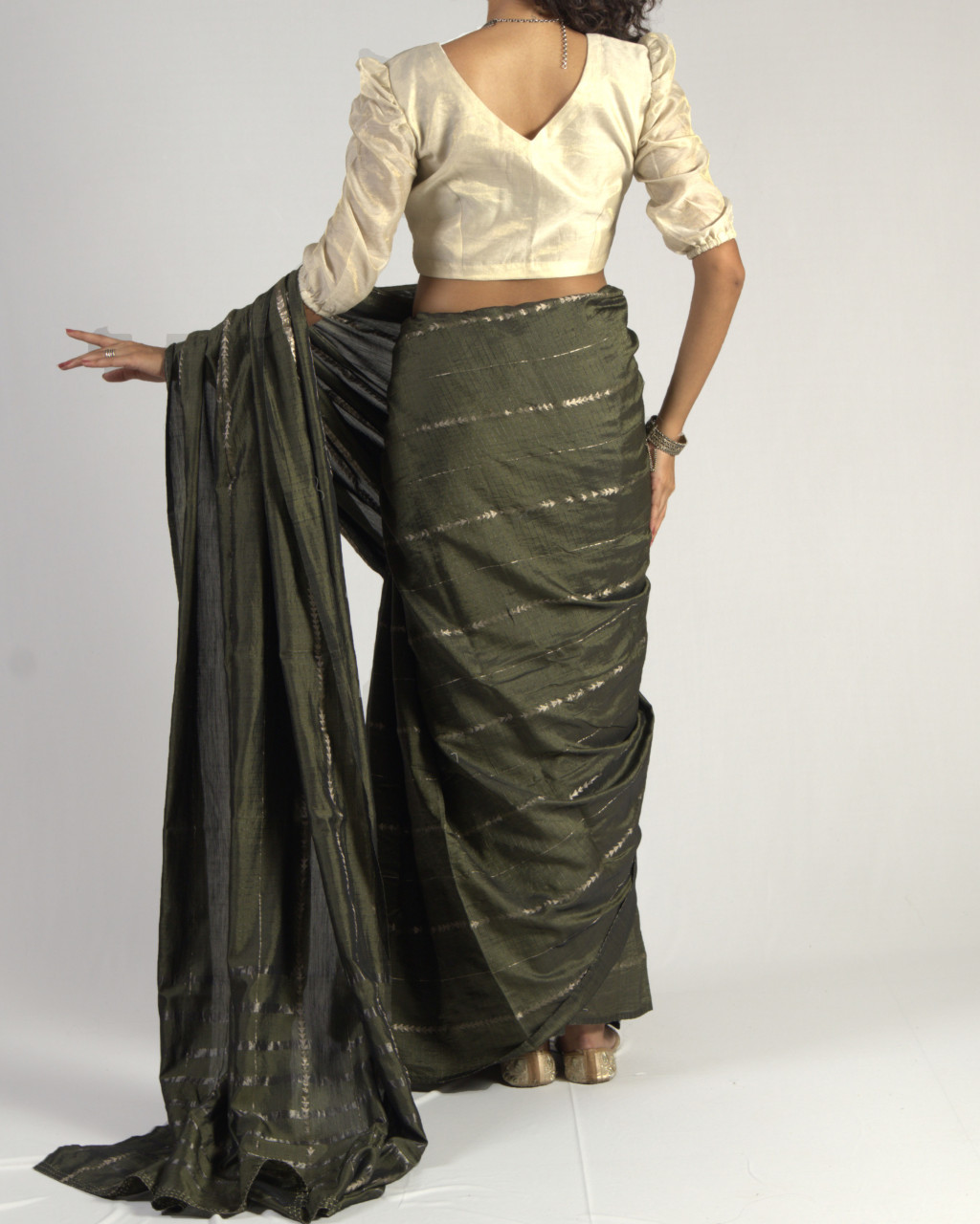 (2079) Cotton (mercerised), mulberry silk and zari Azo-free dyed Contemporary sari from Maheshwar with zari dobby work - Olive green, silver zari, embroidery, moss green, moss, green, textured