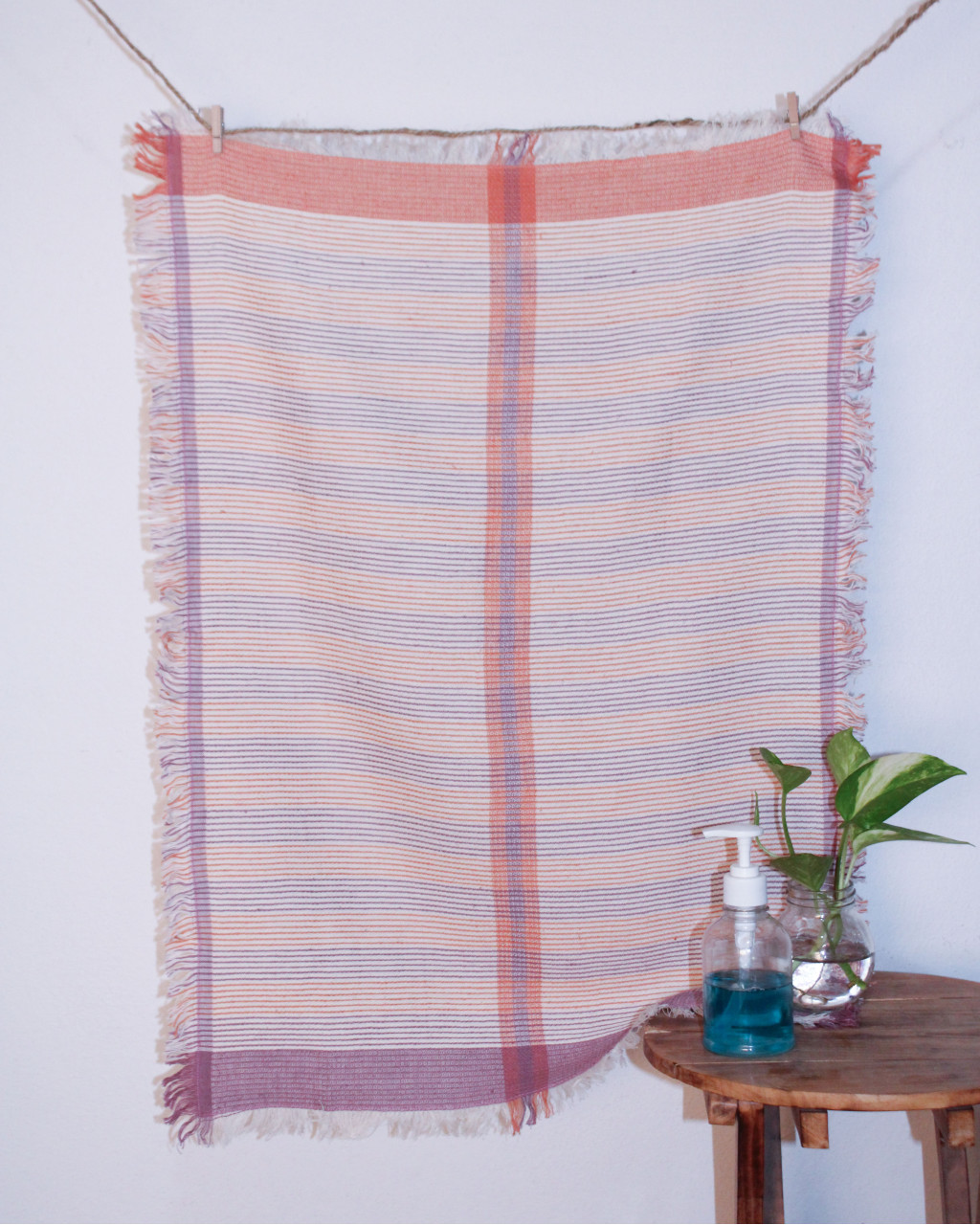 (2086) Cotton Azo-free dyed hand-towel from Maheshwar - Orange, purple, white, pinstripes, stripes