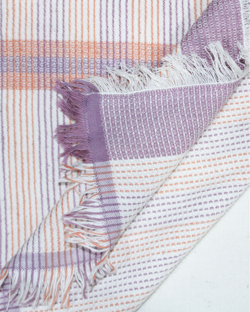 (2086) Cotton Azo-free dyed hand-towel from Maheshwar - Orange, purple, white, pinstripes, stripes