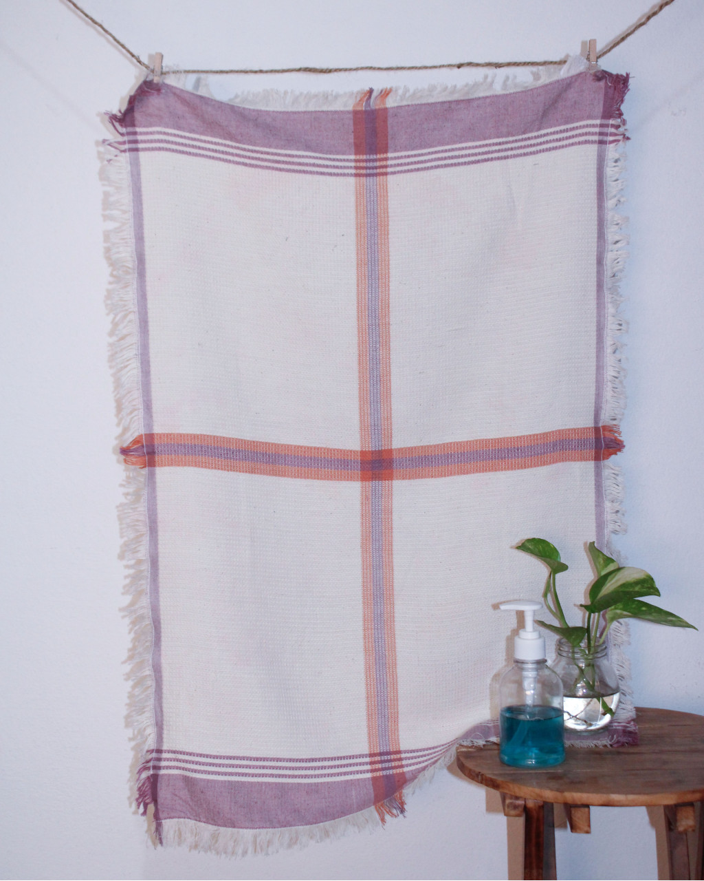 (2087) Cotton Azo-free dyed hand-towel from Maheshwar - White, orange, purple, stripes