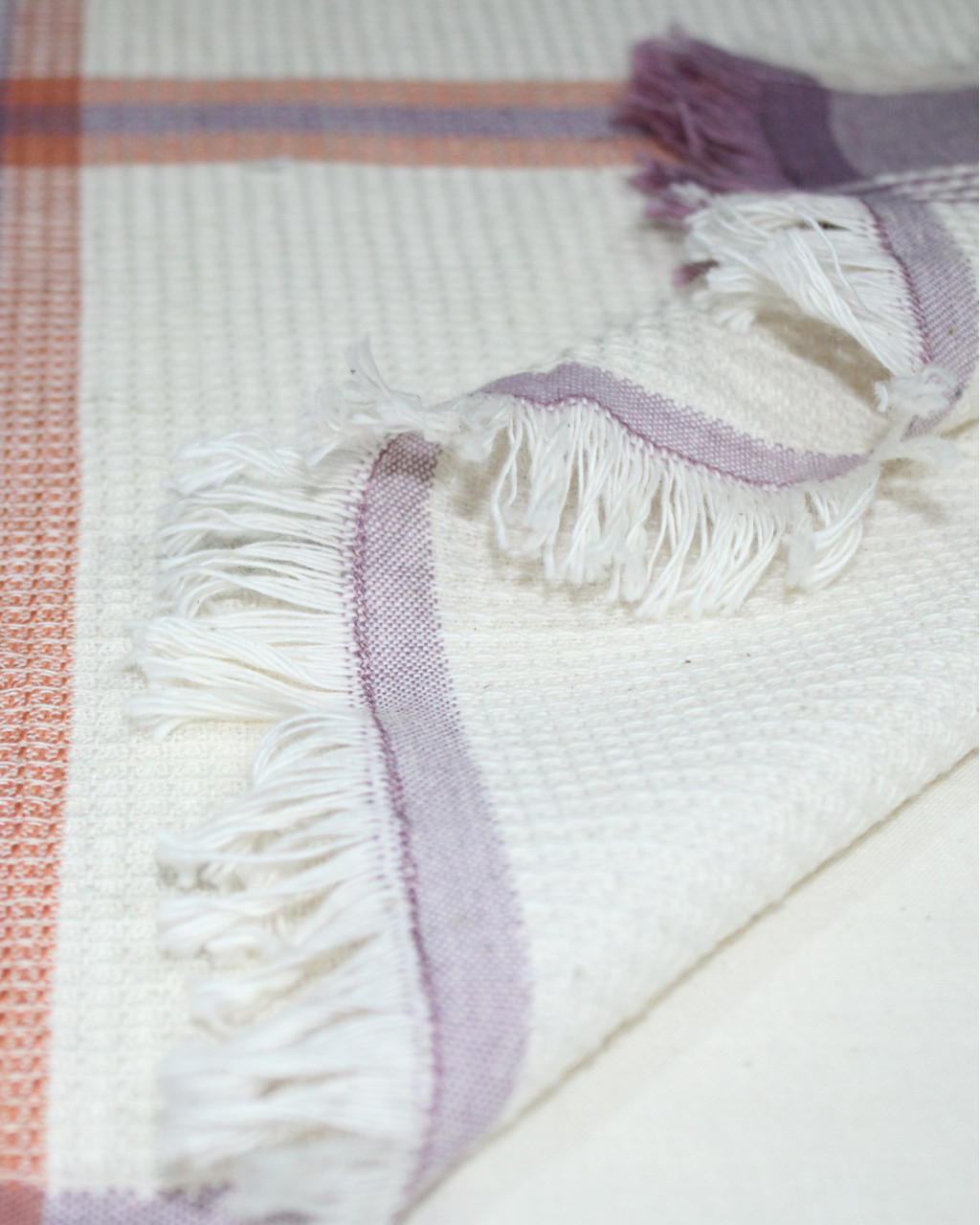 (2087) Cotton Azo-free dyed hand-towel from Maheshwar - White, orange, purple, stripes