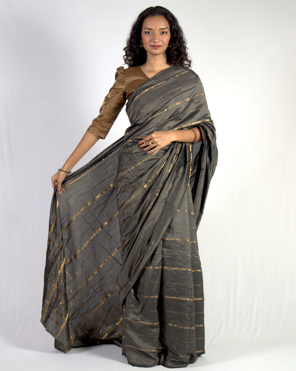 (2574) Cotton (mercerised), mulberry silk and zari Azo-free dyed Contemporary sari from Maheshwar with zari dobby work - Grey, tussar, golden zari, stripes, charcoal, textured