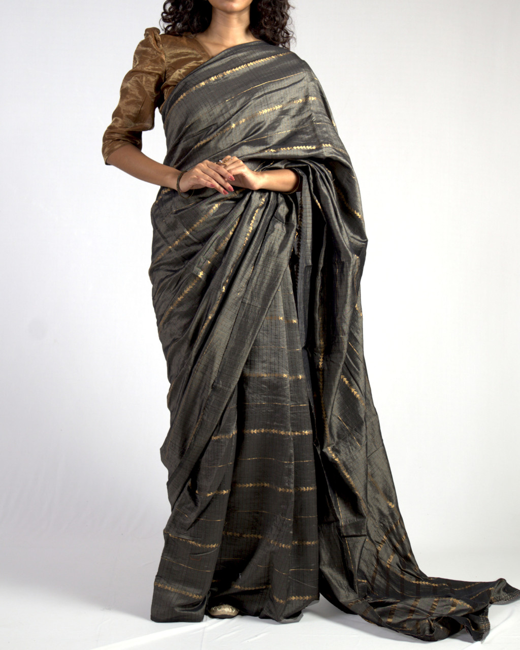 (2574) Cotton (mercerised), mulberry silk and zari Azo-free dyed Contemporary sari from Maheshwar with zari dobby work - Grey, tussar, golden zari, stripes, charcoal, textured