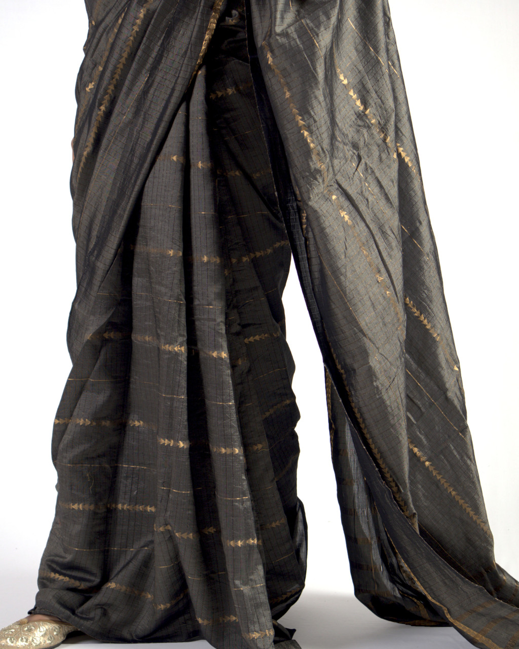 (2574) Cotton (mercerised), mulberry silk and zari Azo-free dyed Contemporary sari from Maheshwar with zari dobby work - Grey, tussar, golden zari, stripes, charcoal, textured