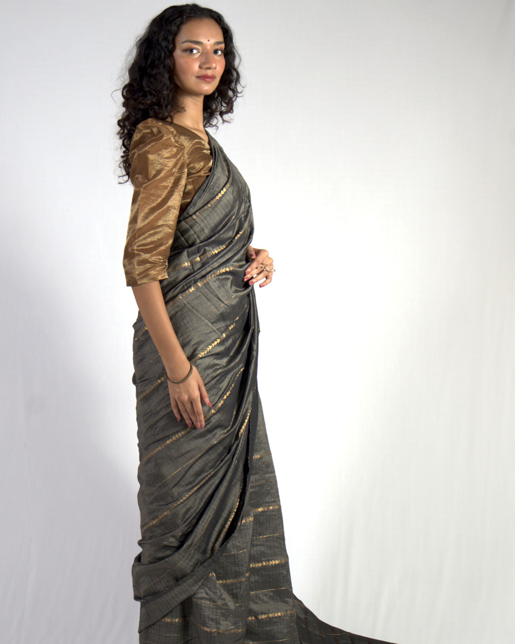 (2574) Cotton (mercerised), mulberry silk and zari Azo-free dyed Contemporary sari from Maheshwar with zari dobby work - Grey, tussar, golden zari, stripes, charcoal, textured