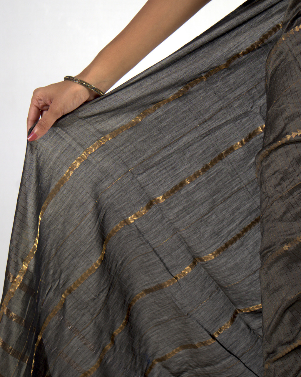 (2574) Cotton (mercerised), mulberry silk and zari Azo-free dyed Contemporary sari from Maheshwar with zari dobby work - Grey, tussar, golden zari, stripes, charcoal, textured