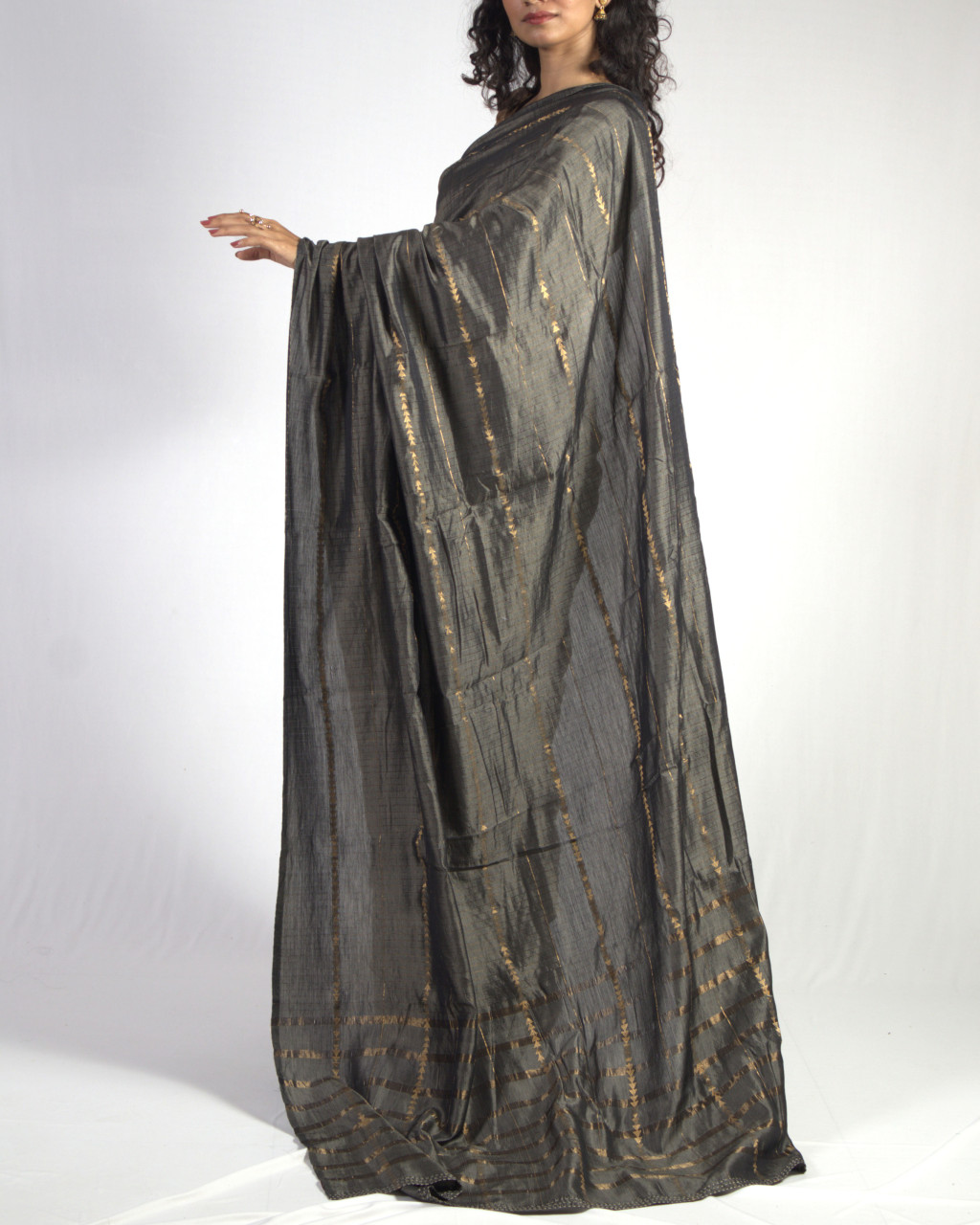 (2574) Cotton (mercerised), mulberry silk and zari Azo-free dyed Contemporary sari from Maheshwar with zari dobby work - Grey, tussar, golden zari, stripes, charcoal, textured