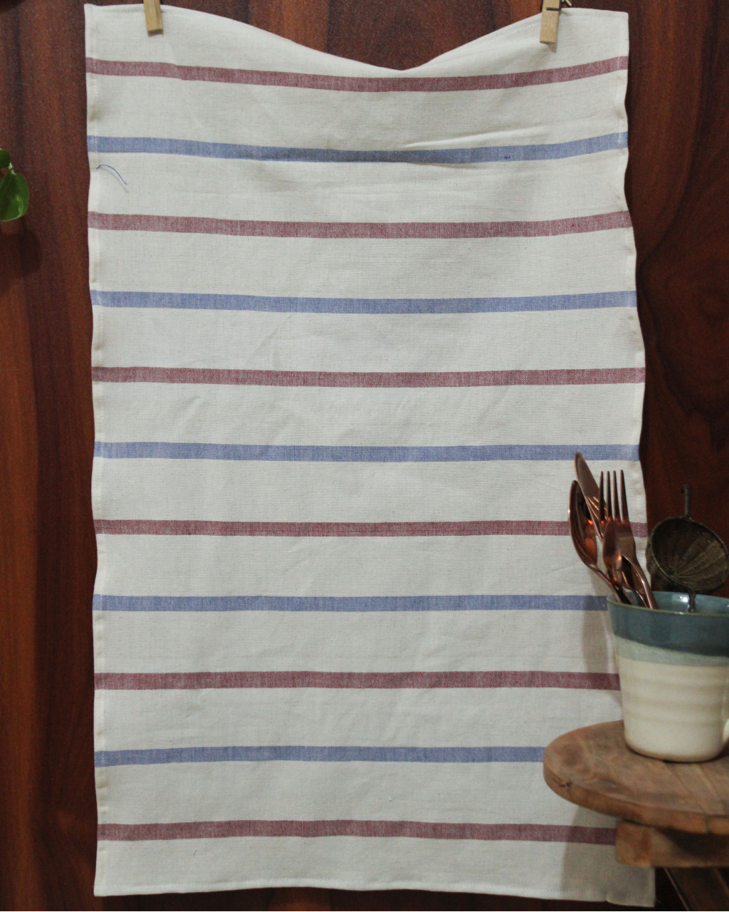 Pure cotton - Kora, maroon  and indigo wide stripes kitchen towel