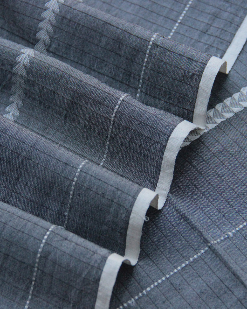 (185) Cotton, mulberry silk, zari Azo free dyed Maheshwari yardage with Dobby work - Dark grey, horizontal stripes