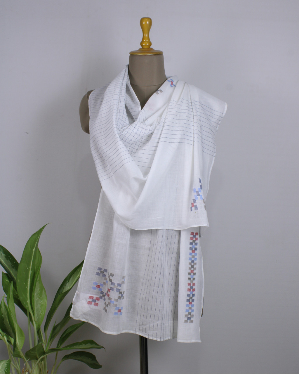 (1325) Cotton Azo-free dyed stole from Shantipur with cotton motifs and cotton motifs - White, red, blue, brown, checks, motif, stripes, black