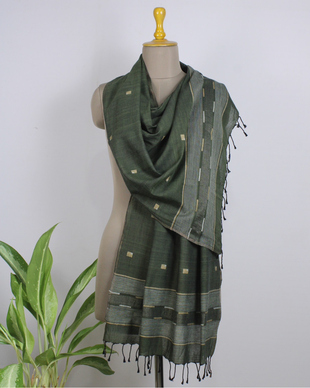 (1800) Cotton and khadi  Azo-free dyed stole from Shantipur with motifs - Green, black, golden, motif