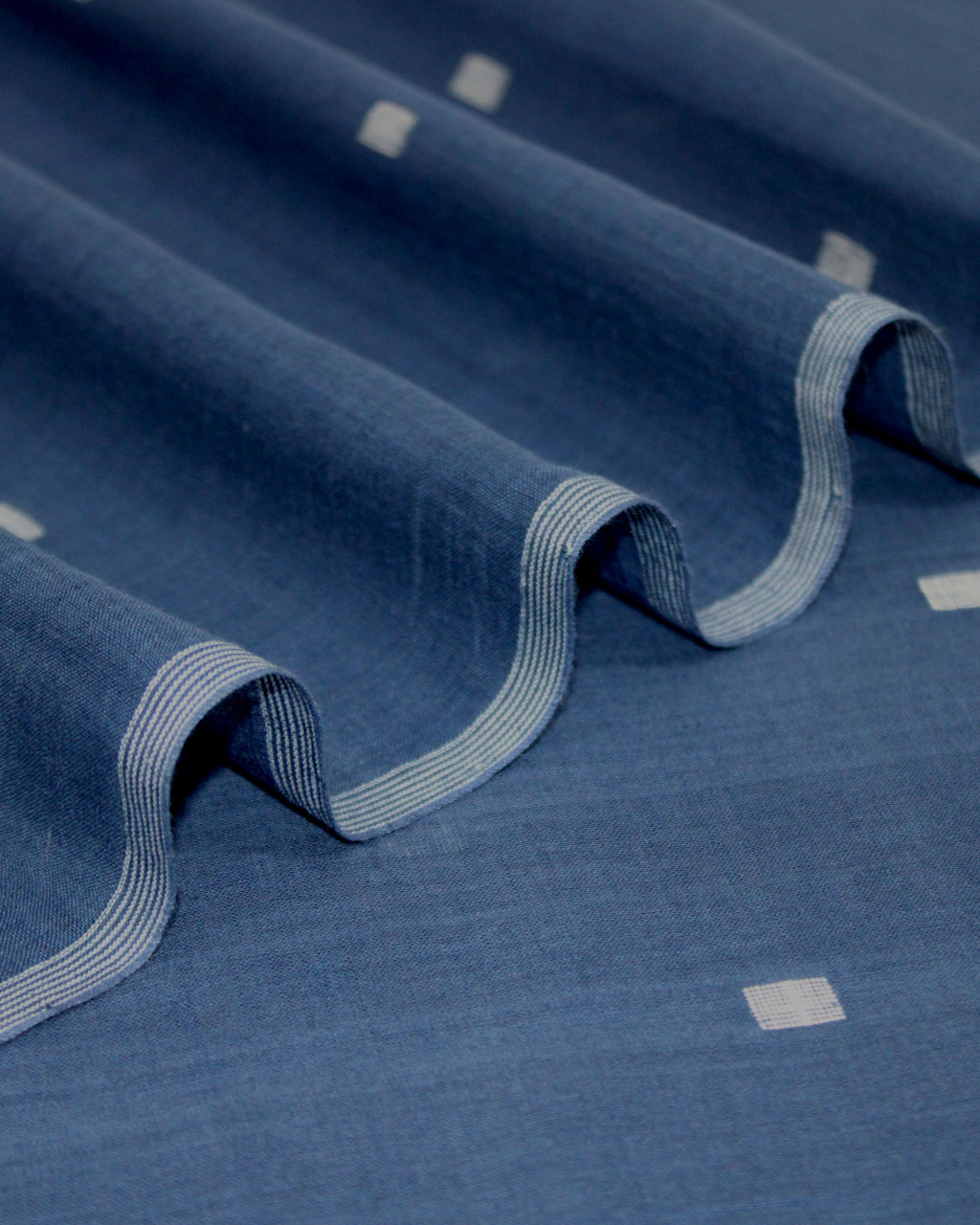 (1975) Cotton and khadi  Azo-free dyed yardage from Shantipur with cotton motifs and cotton motifs - Indigo, white, motif