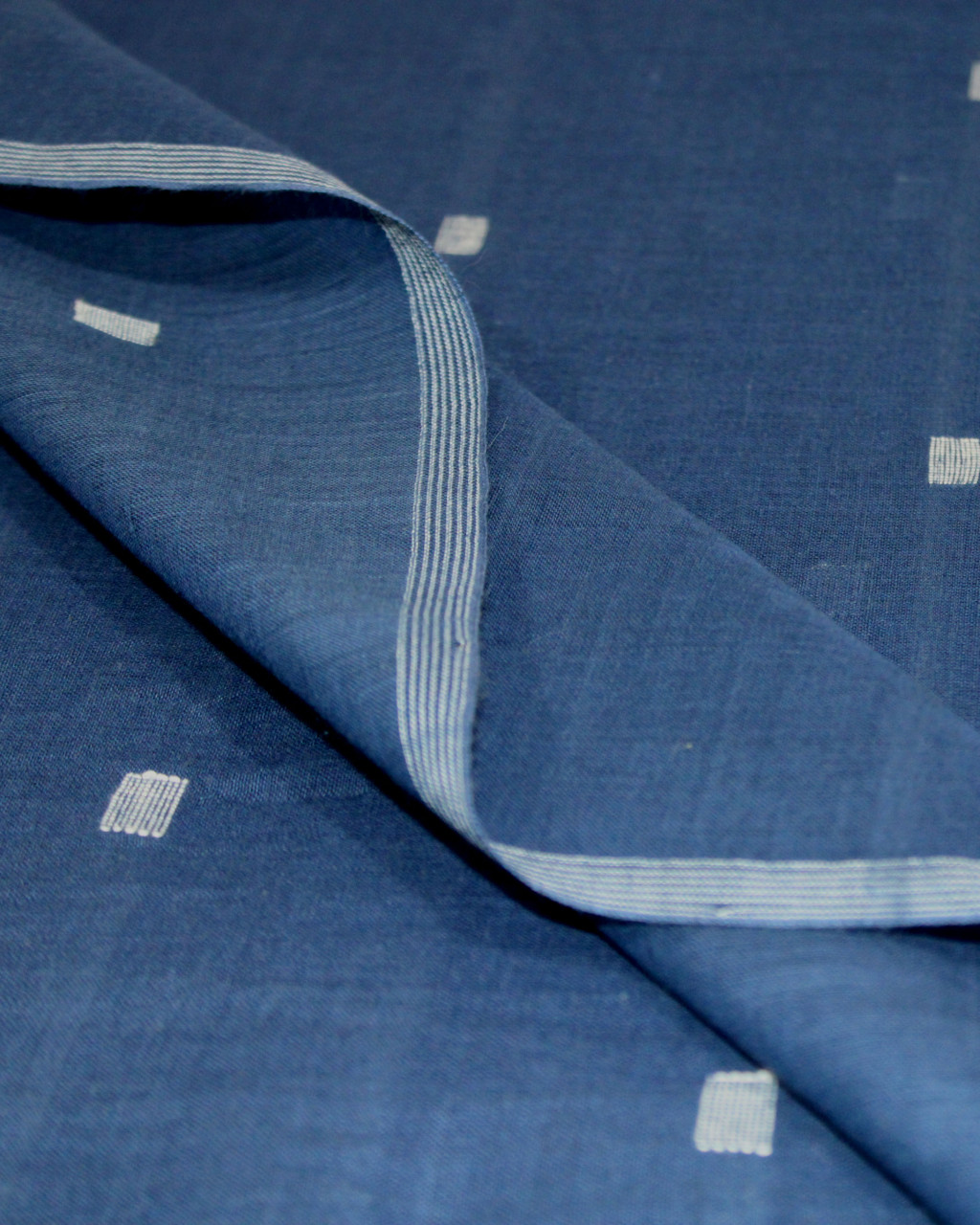 (1975) Cotton and khadi  Azo-free dyed yardage from Shantipur with cotton motifs and cotton motifs - Indigo, white, motif