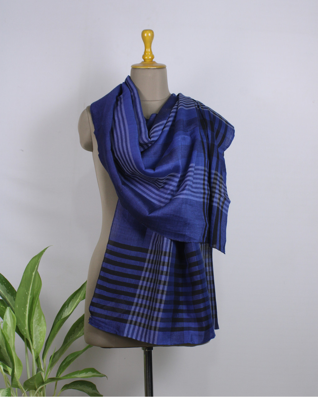 (2072) Khadi  and linen Azo-free dyed stole from Shantipur - Indigo, black, stripes, white