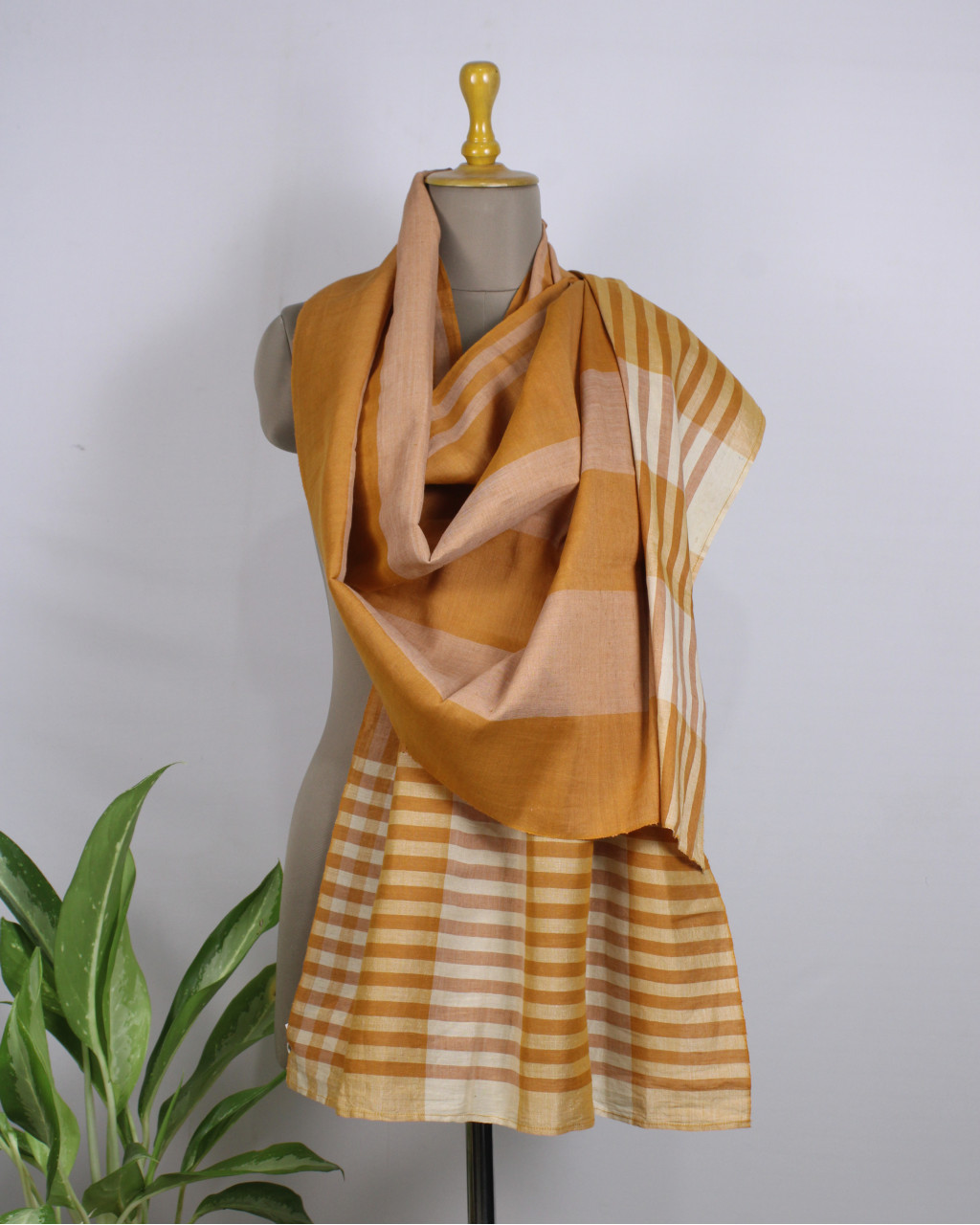 (2158) Khadi  and linen Azo-free dyed stole from Shantipur - Orange, cream, stripes
