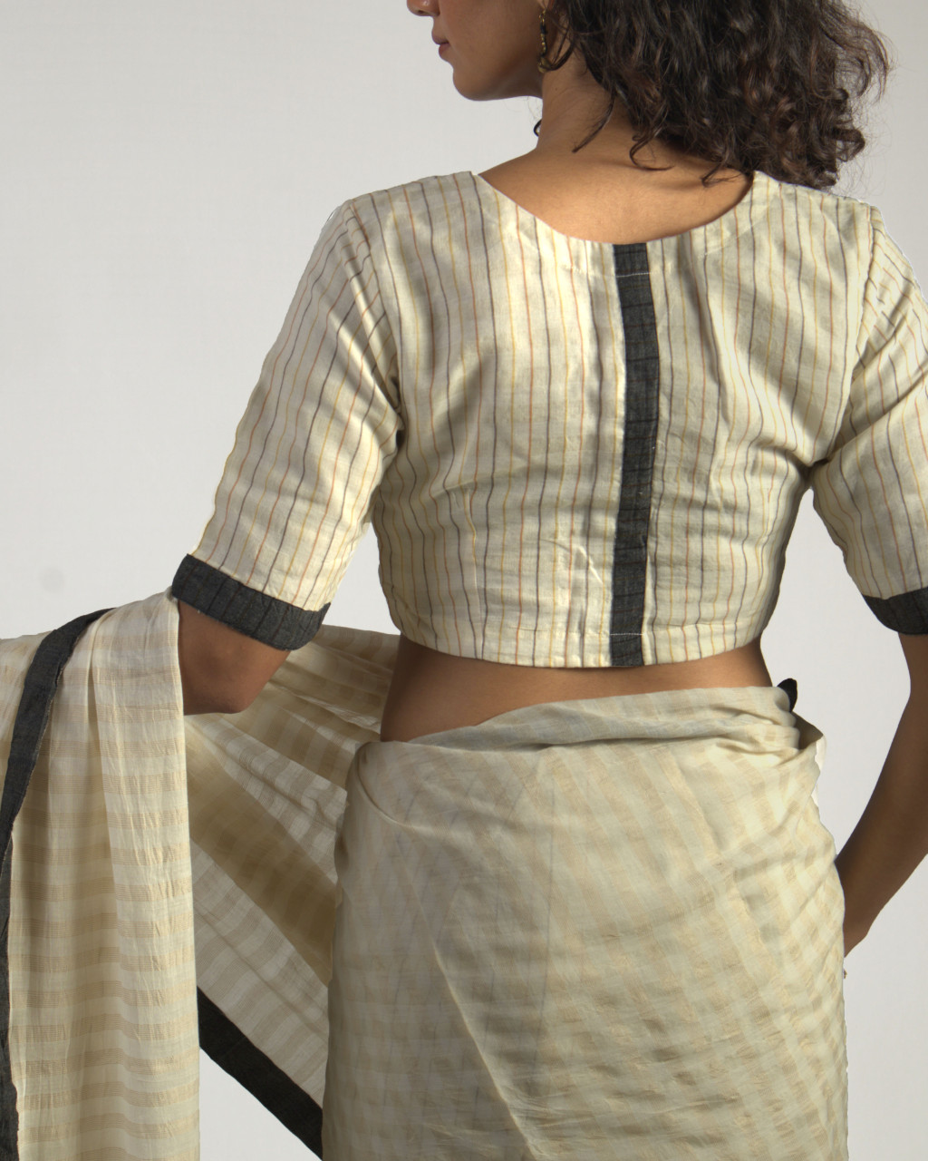(2205) Cotton and mulberry silk Azo-free dyed Jamdani sari from Shantipur with cotton motifs and cotton motifs - White, light brown, mustard yellow, motif, stripes, black, pompoms, cream, brown, yellow
