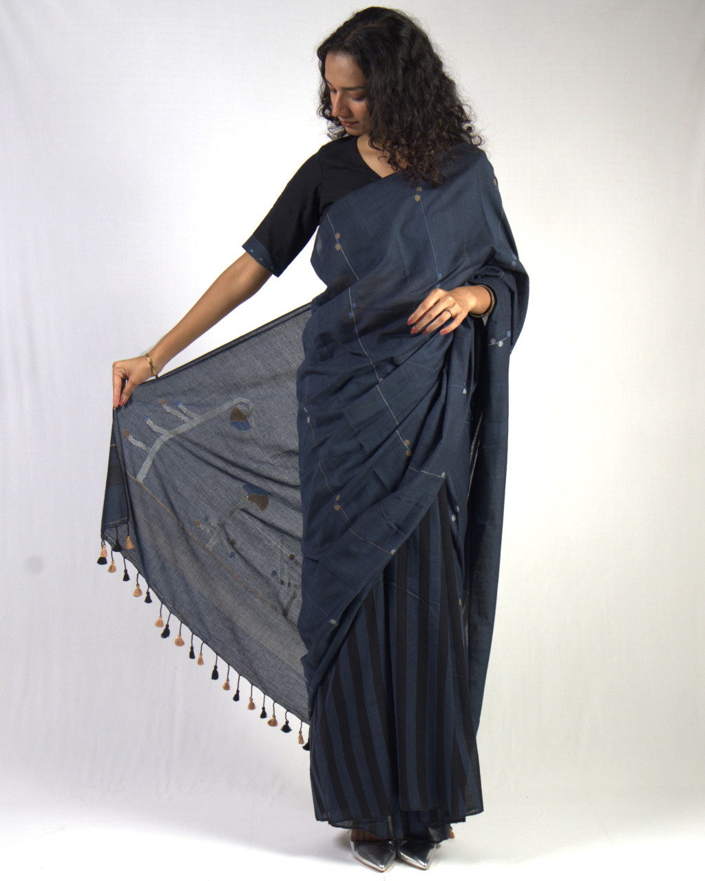 (2451) Cotton and khadi Azo-free dyed Jamdani sari from Shantipur with cotton motifs and cotton motifs - Indigo, brown, white, motif, pompoms, stripes, black, mustard yellow
