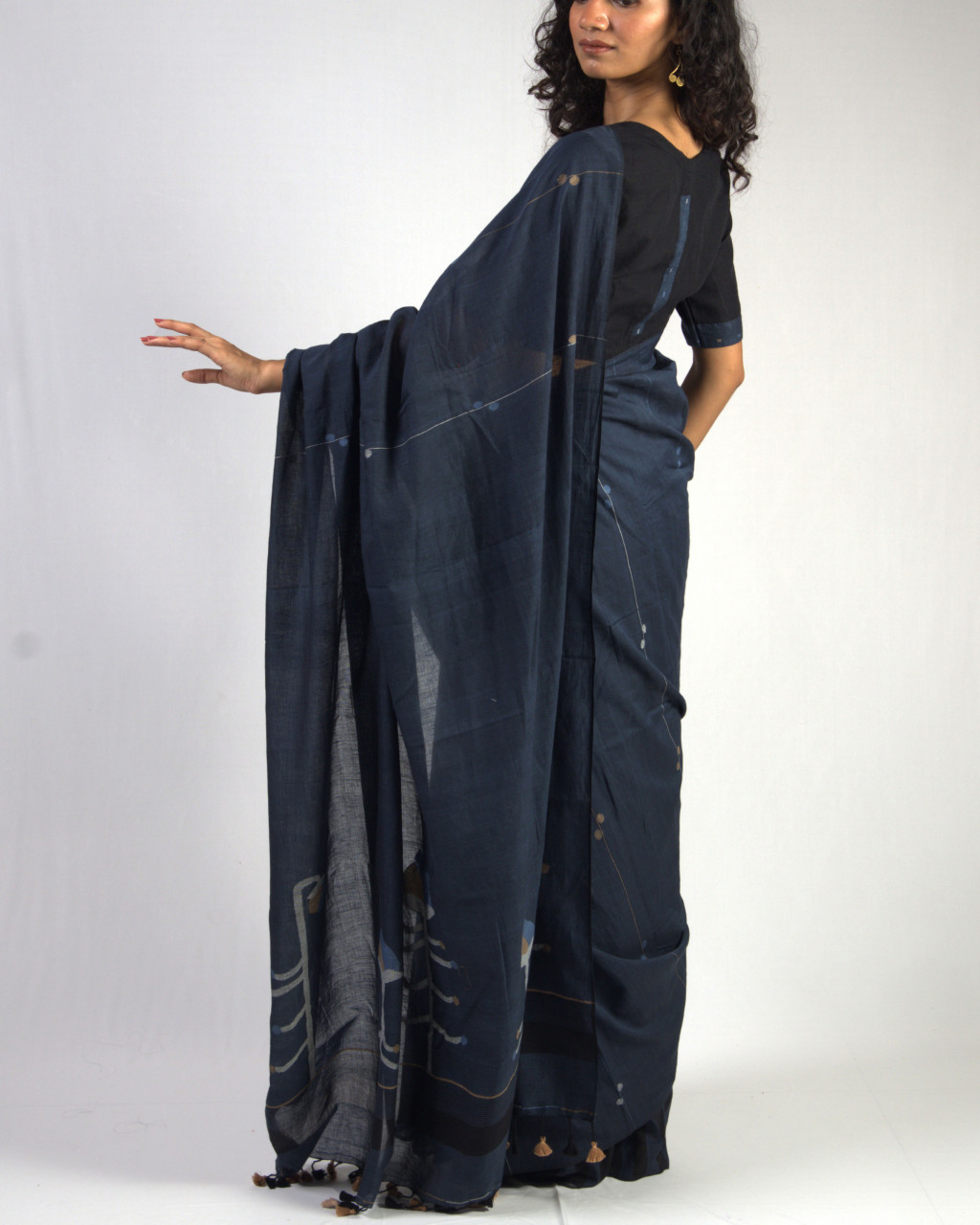 (2451) Cotton and khadi Azo-free dyed Jamdani sari from Shantipur with cotton motifs and cotton motifs - Indigo, brown, white, motif, pompoms, stripes, black, mustard yellow