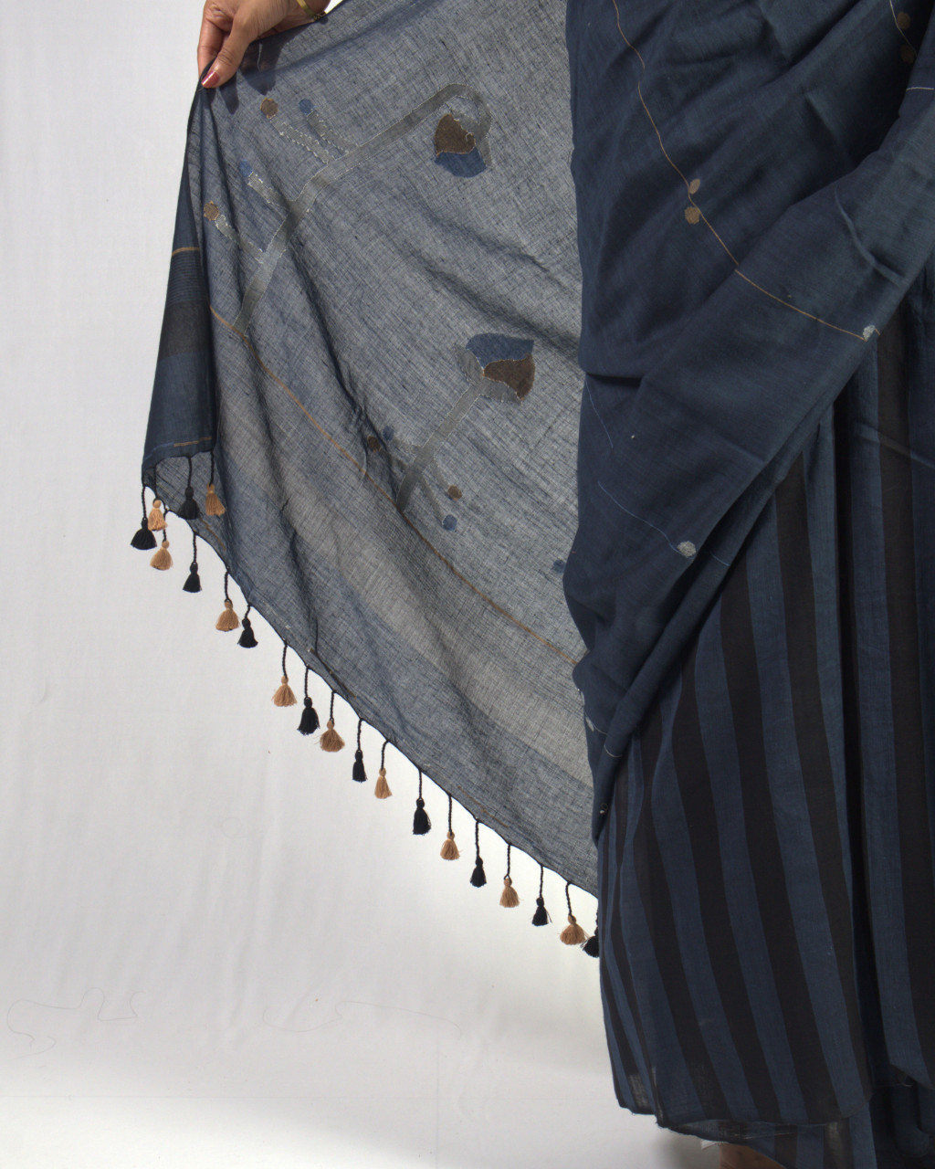 (2451) Cotton and khadi Azo-free dyed Jamdani sari from Shantipur with cotton motifs and cotton motifs - Indigo, brown, white, motif, pompoms, stripes, black, mustard yellow