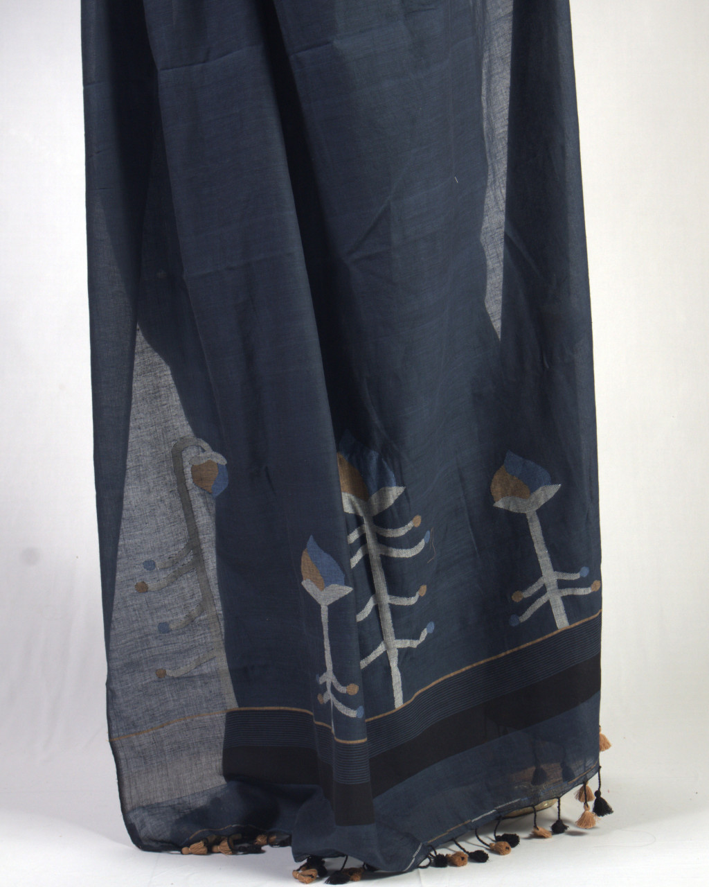 (2451) Cotton and khadi Azo-free dyed Jamdani sari from Shantipur with cotton motifs and cotton motifs - Indigo, brown, white, motif, pompoms, stripes, black, mustard yellow