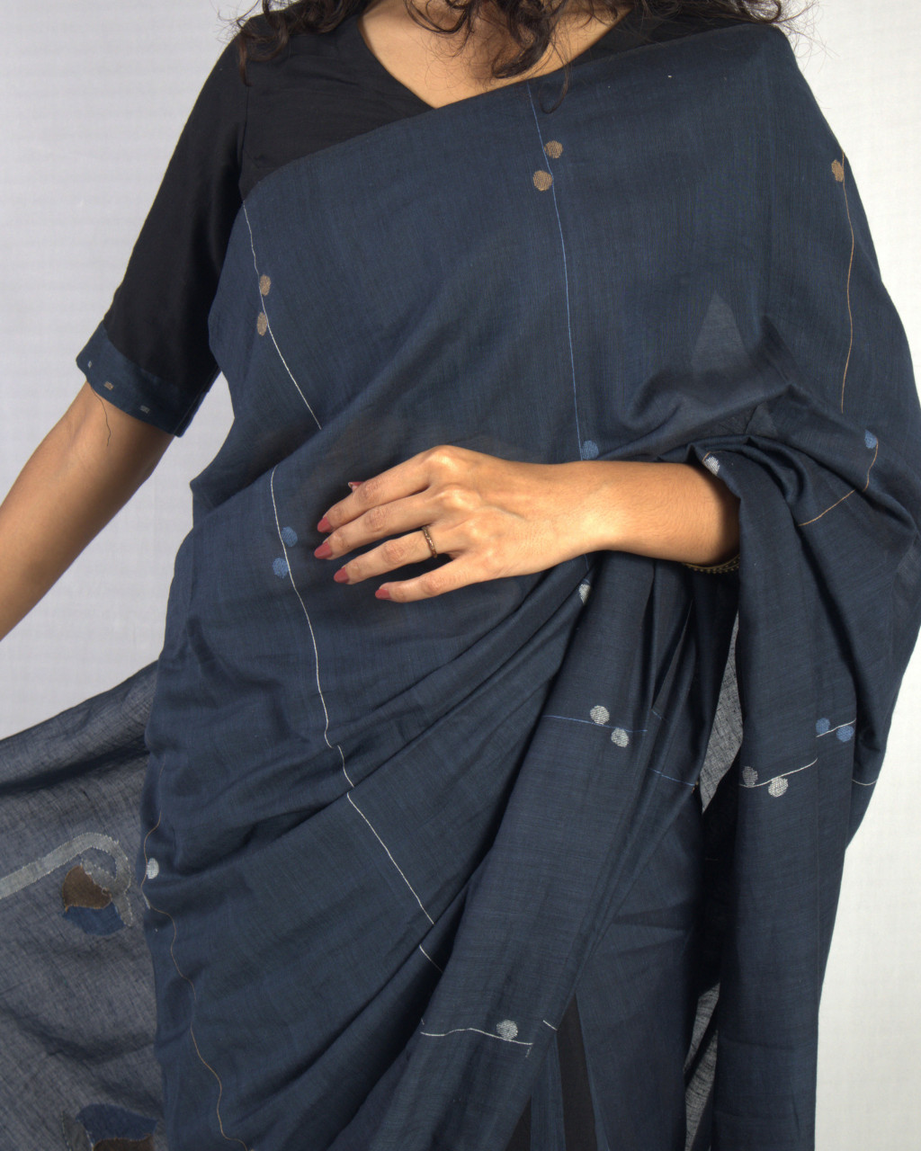 (2451) Cotton and khadi Azo-free dyed Jamdani sari from Shantipur with cotton motifs and cotton motifs - Indigo, brown, white, motif, pompoms, stripes, black, mustard yellow