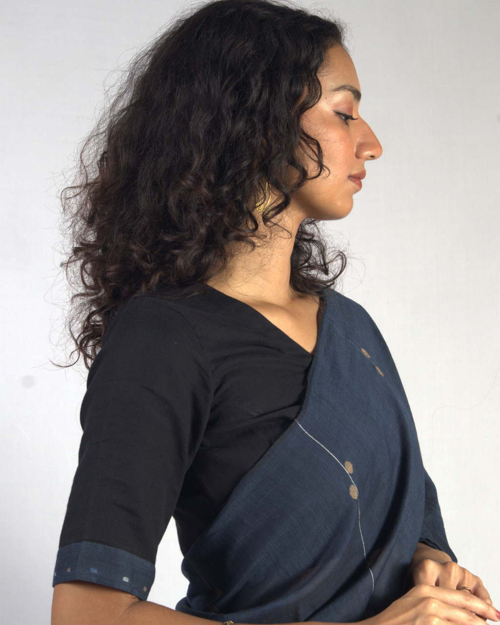 (2451) Cotton and khadi Azo-free dyed Jamdani sari from Shantipur with cotton motifs and cotton motifs - Indigo, brown, white, motif, pompoms, stripes, black, mustard yellow