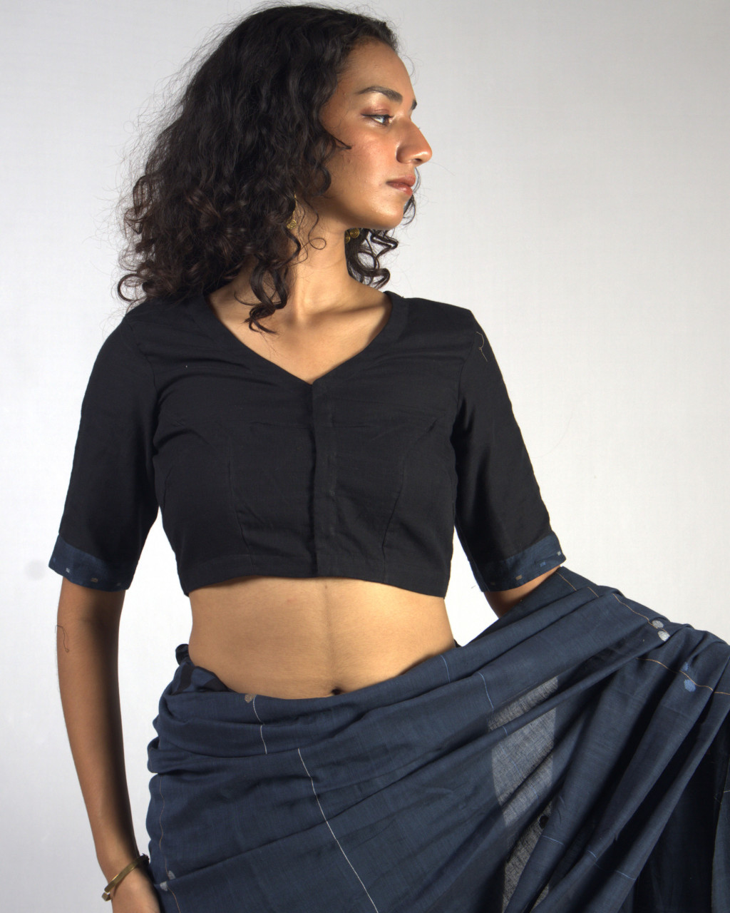 (2451) Cotton and khadi Azo-free dyed Jamdani sari from Shantipur with cotton motifs and cotton motifs - Indigo, brown, white, motif, pompoms, stripes, black, mustard yellow